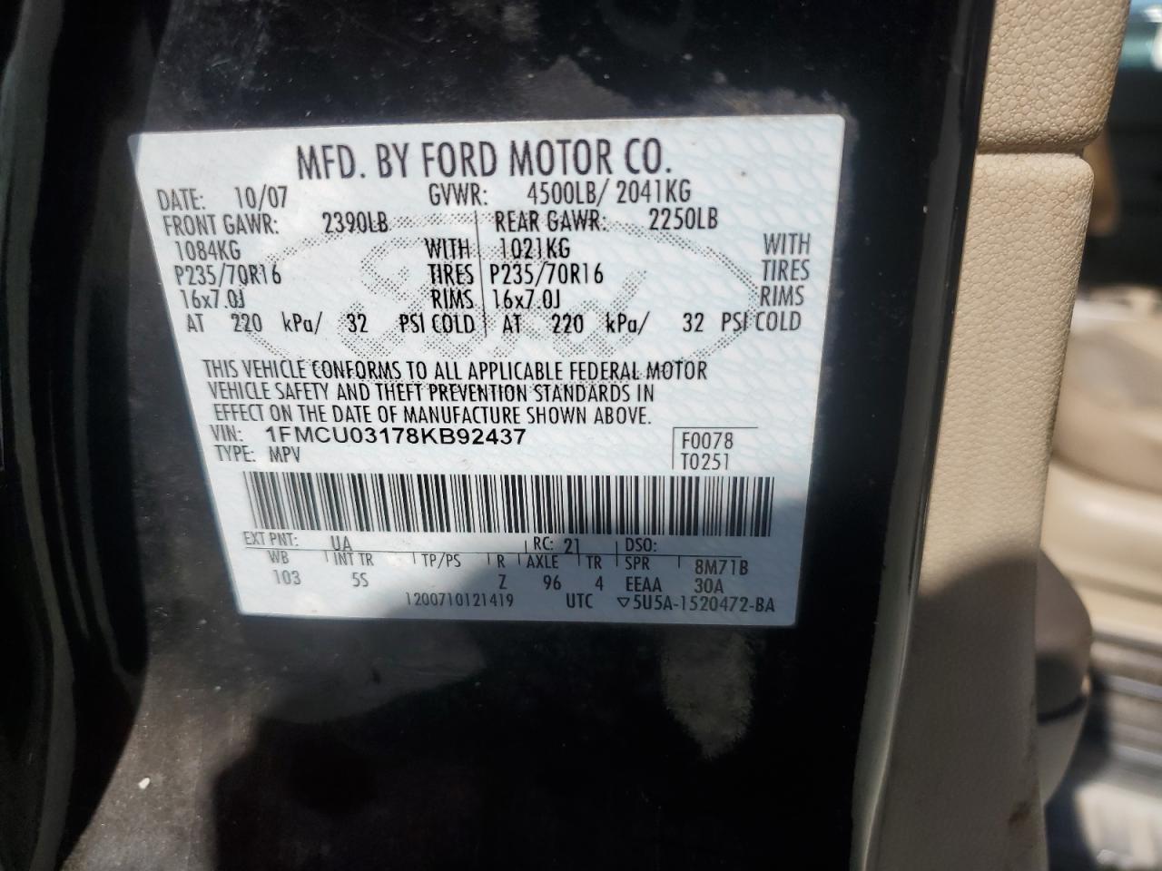 2008 Ford Escape Xlt VIN: 1FMCU03178KB92437 Lot: 62079184