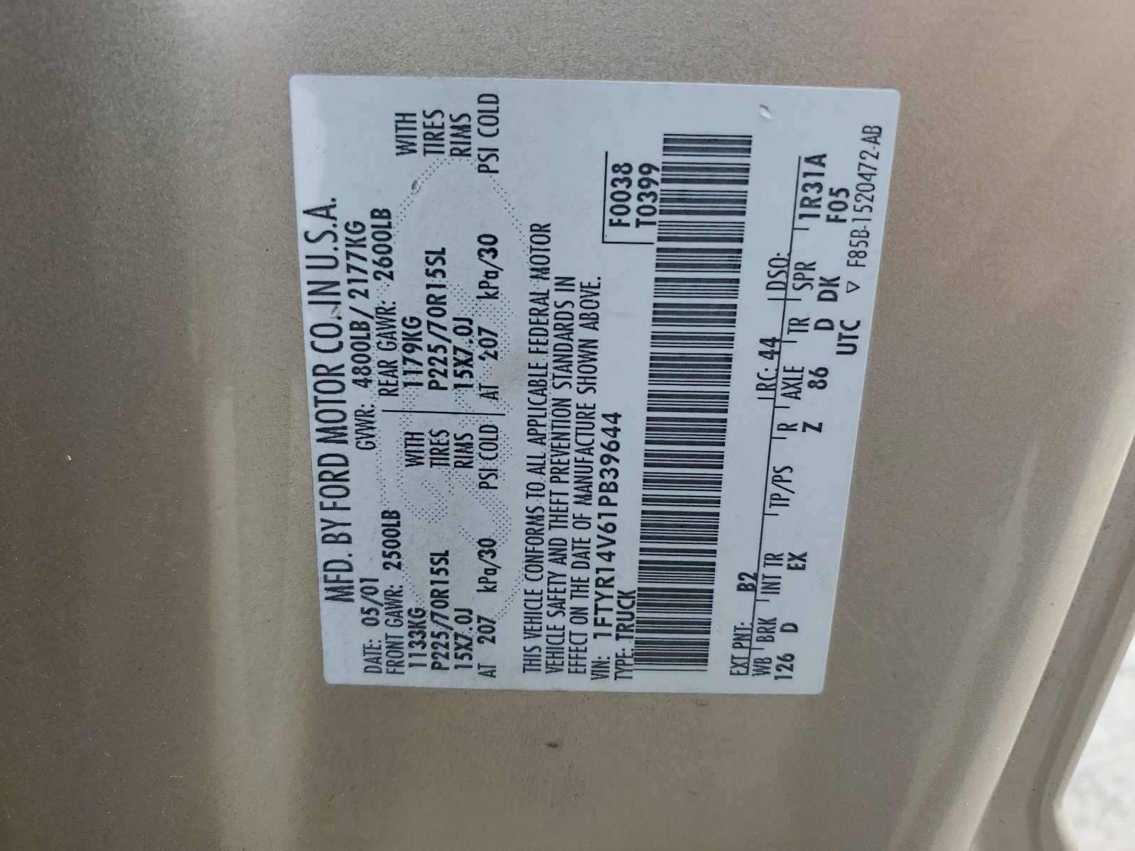 1FTYR14V61PB39644 2001 Ford Ranger Super Cab