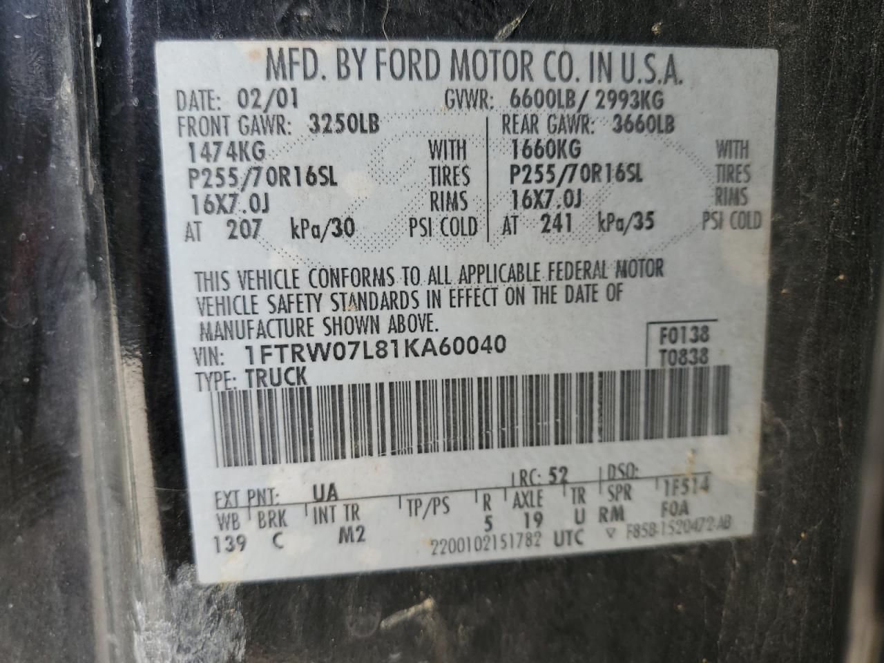 1FTRW07L81KA60040 2001 Ford F150 Supercrew