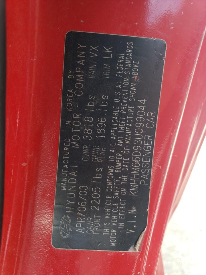 2003 Hyundai Tiburon VIN: KMHHM65D93U099044 Lot: 65124024