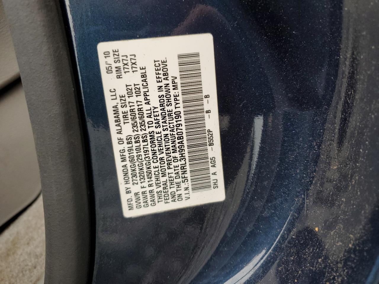 2010 Honda Odyssey Touring VIN: 5FNRL3H99AB079190 Lot: 62460744