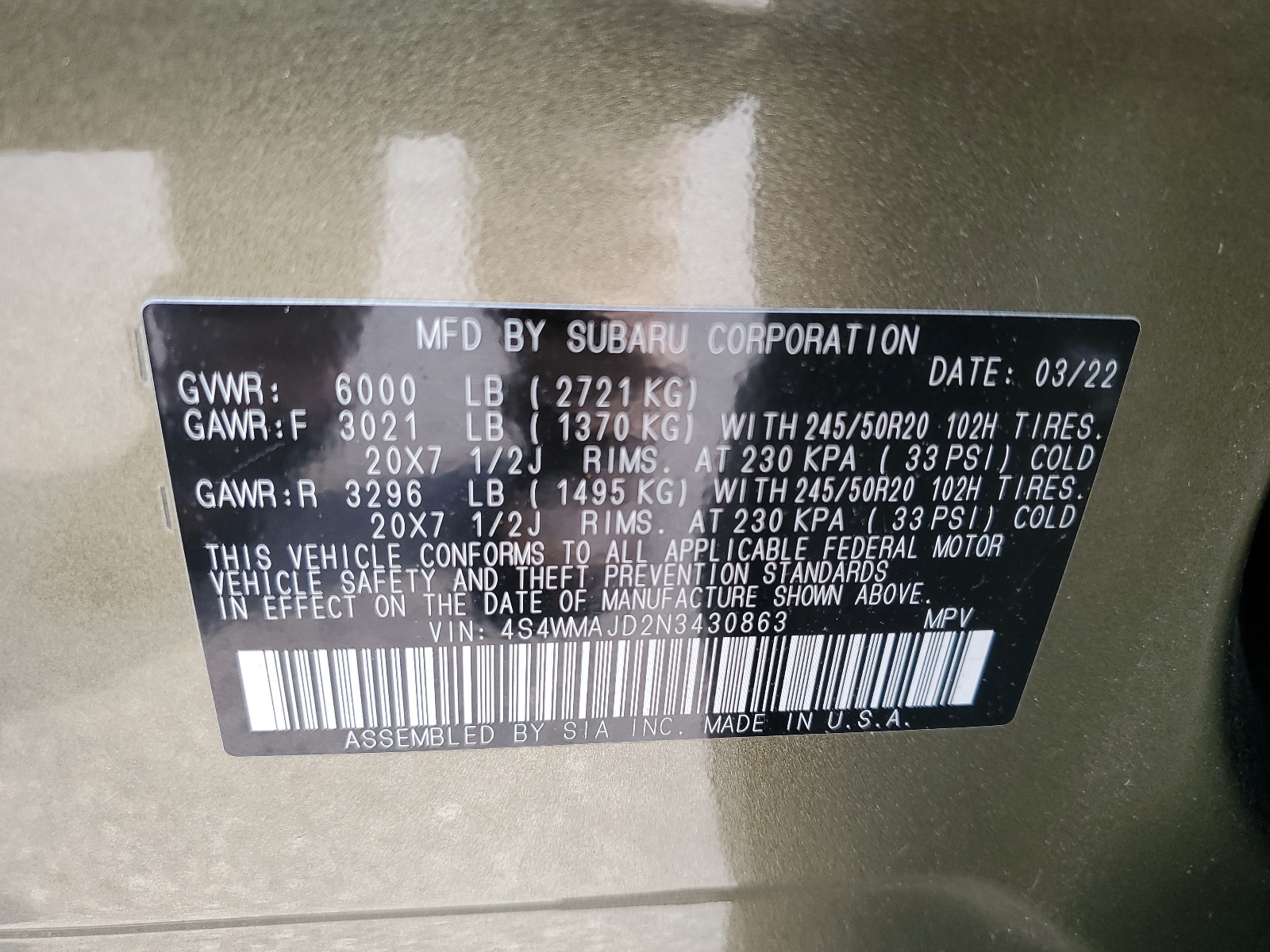 4S4WMAJD2N3430863 2022 Subaru Ascent Onyx Edition