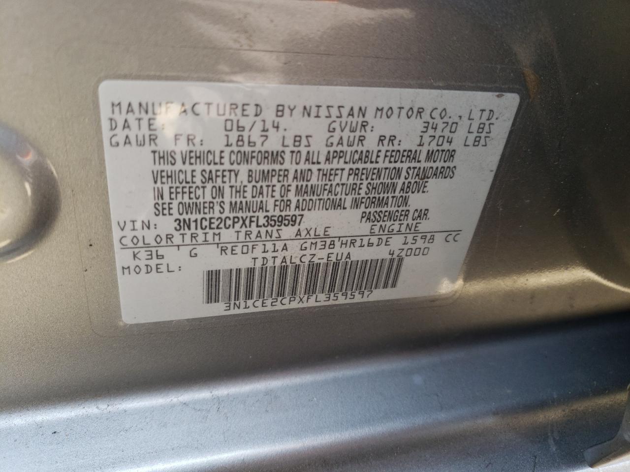 2015 Nissan Versa Note S VIN: 3N1CE2CPXFL359597 Lot: 63296274