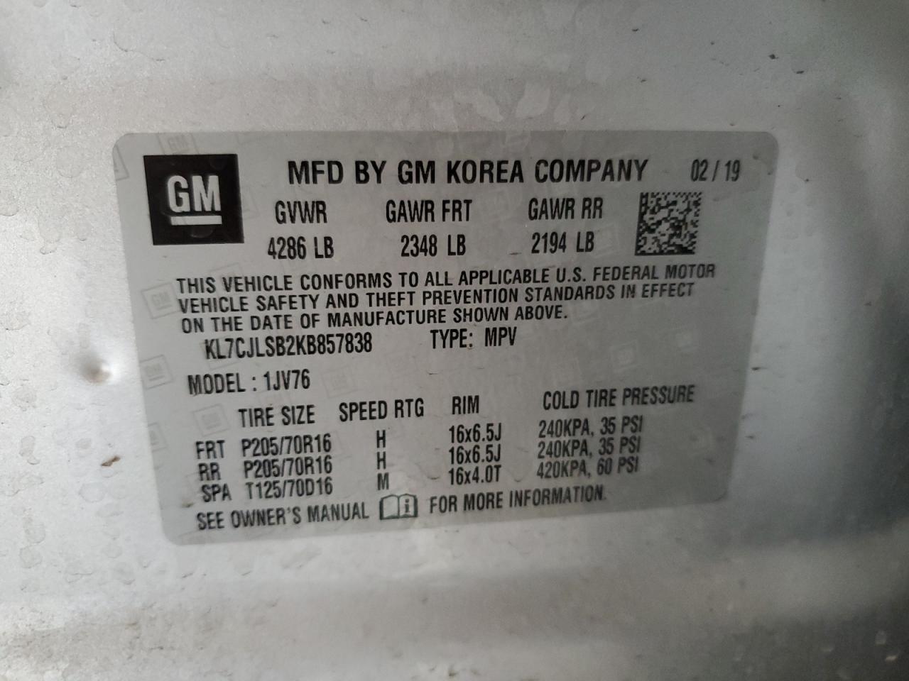 2019 Chevrolet Trax 1Lt VIN: KL7CJLSB2KB857838 Lot: 62878344