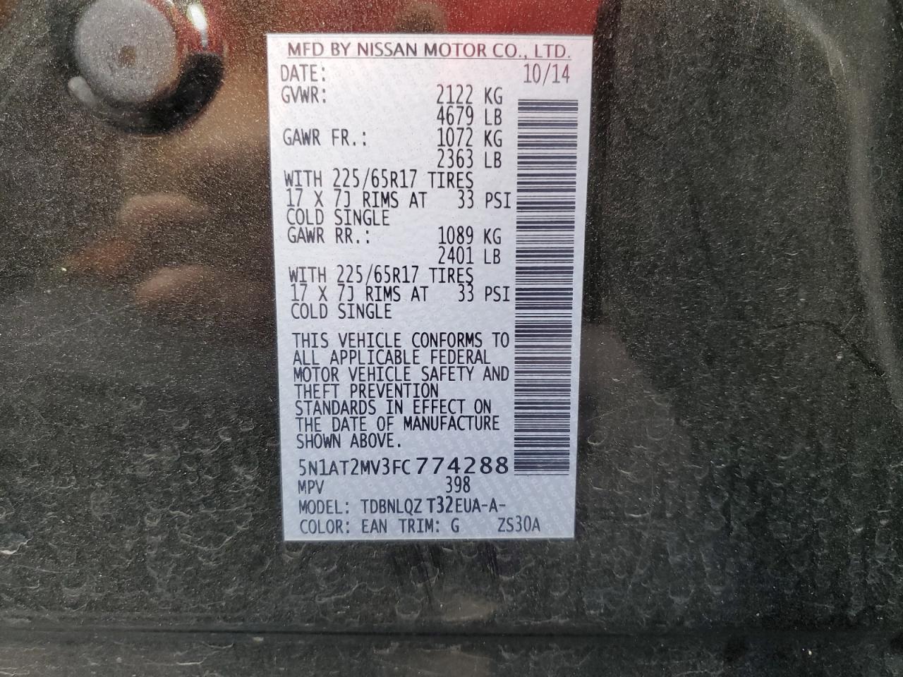 2015 Nissan Rogue S VIN: 5N1AT2MV3FC774288 Lot: 64186624