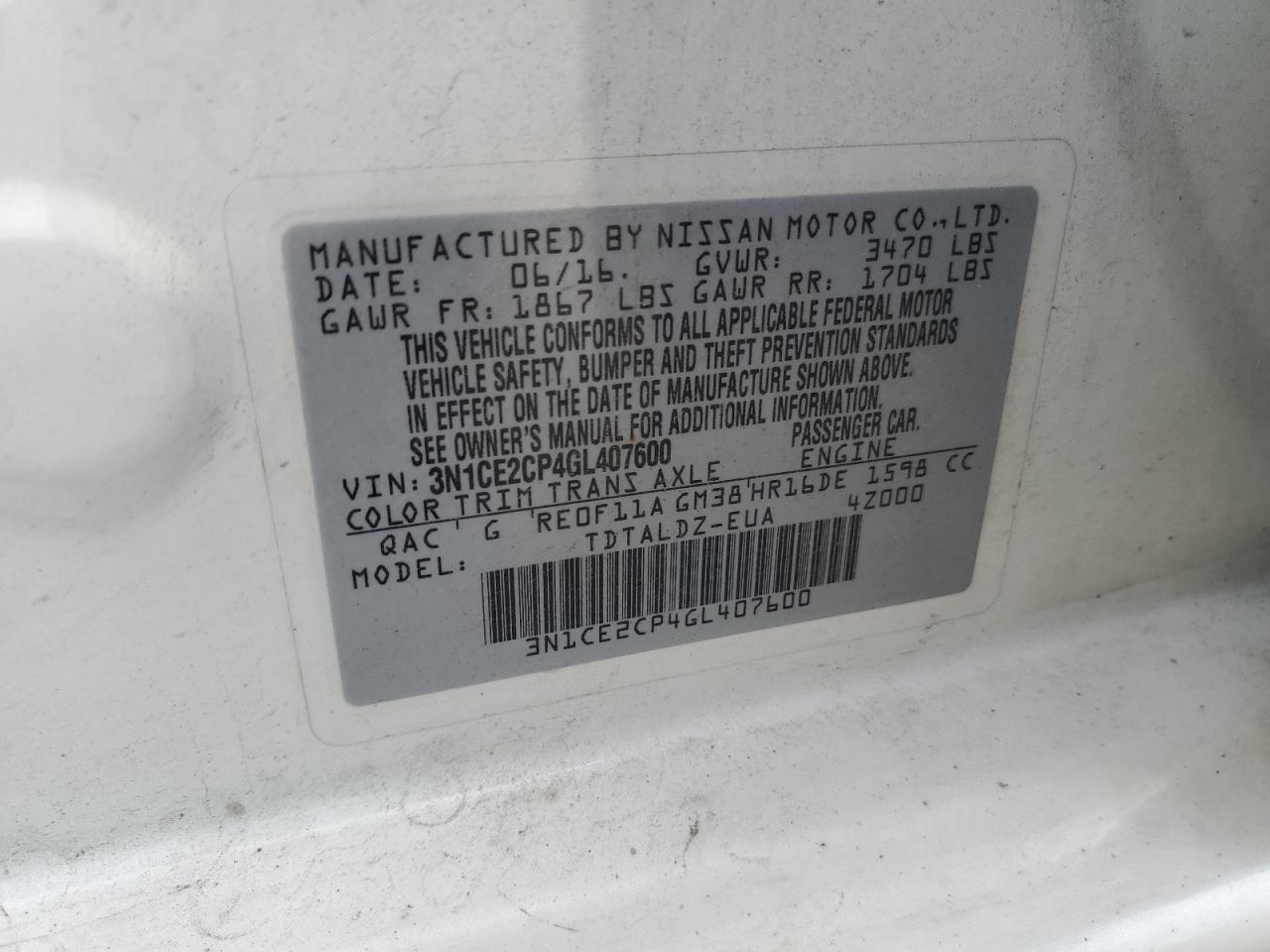 3N1CE2CP4GL407600 2016 Nissan Versa Note S