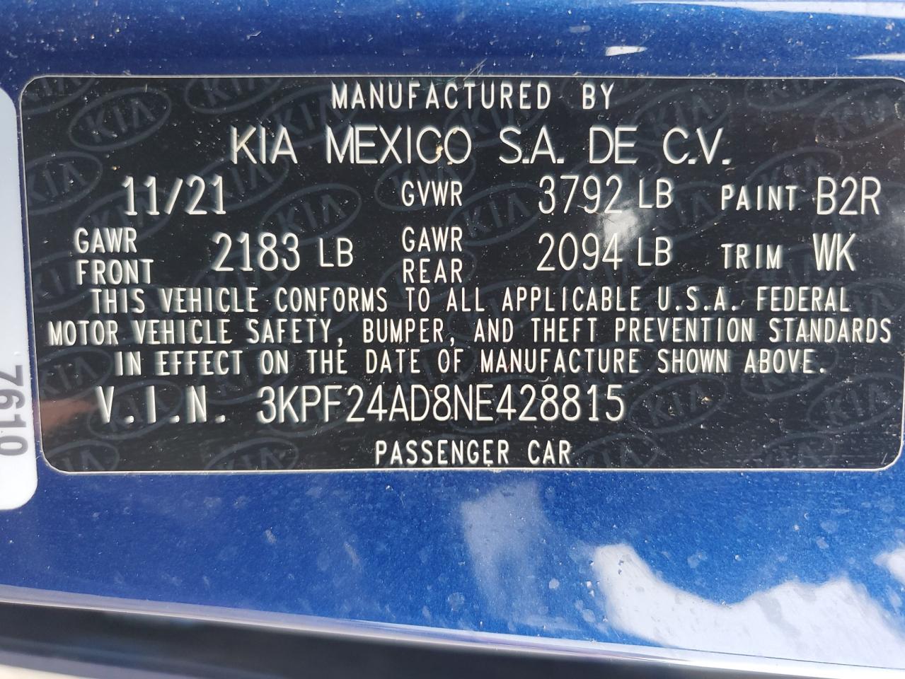 3KPF24AD8NE428815 2022 Kia Forte Fe