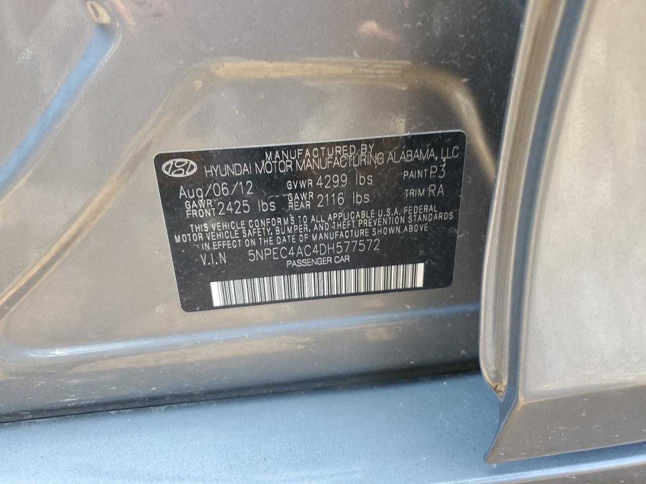 2013 Hyundai Sonata Se VIN: 5NPEC4AC4DH577572 Lot: 62996904