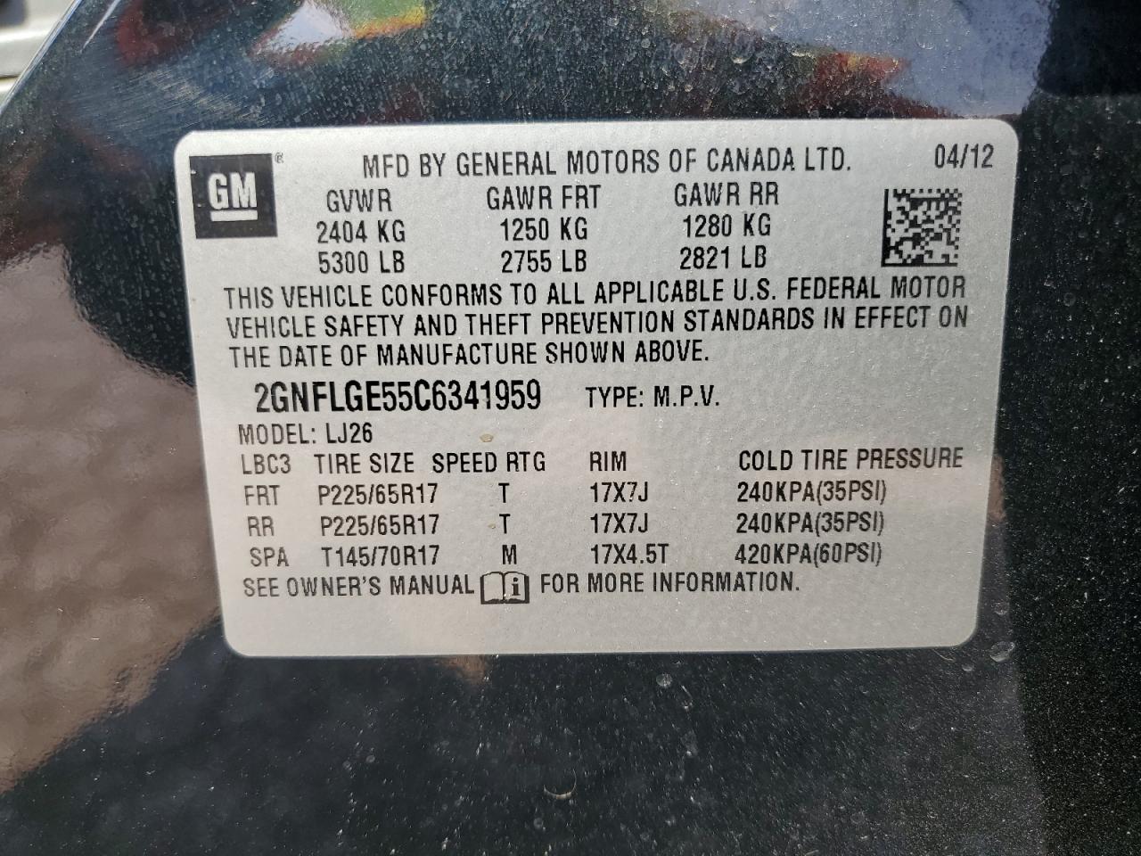 2012 Chevrolet Equinox Ltz VIN: 2GNFLGE55C6341959 Lot: 61482134