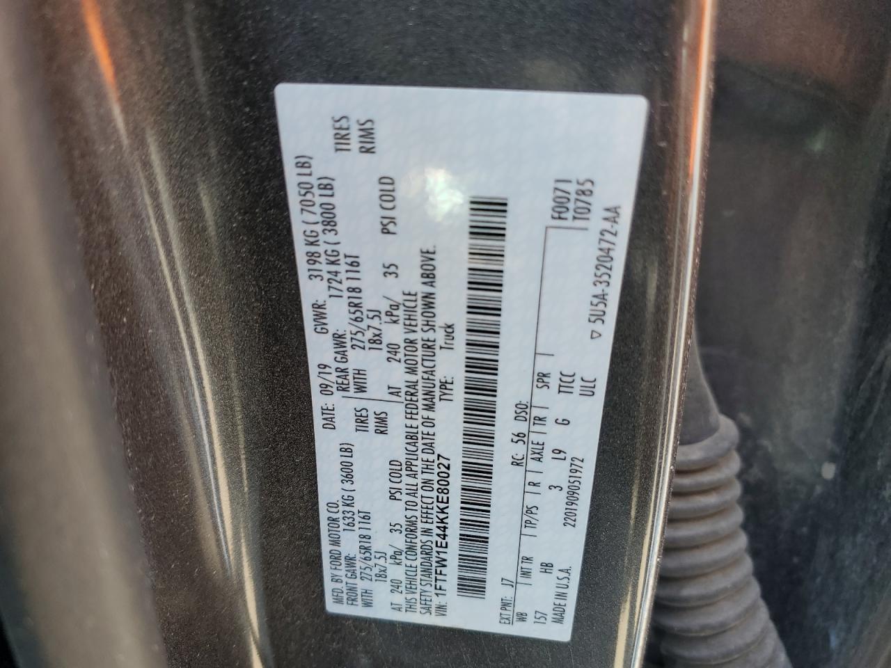 2019 Ford F150 Supercrew VIN: 1FTFW1E44KKE80027 Lot: 62726534