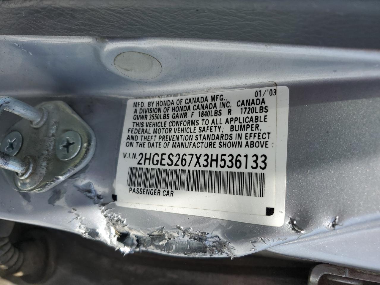 2003 Honda Civic Ex VIN: 2HGES267X3H536133 Lot: 63498014