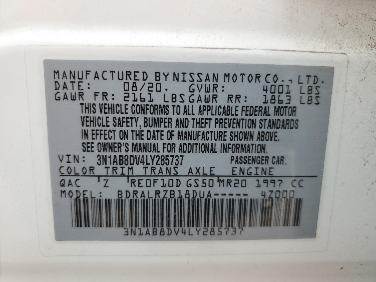 2020 Nissan Sentra Sr VIN: 3N1AB8DV4LY285737 Lot: 62955464