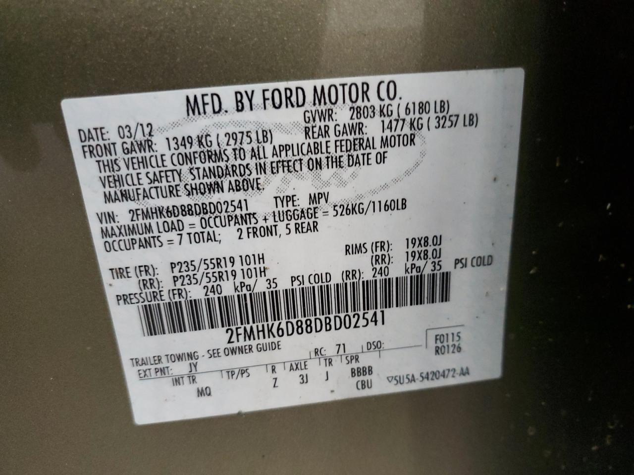 2013 Ford Flex Limited VIN: 2FMHK6D88DBD02541 Lot: 61910904