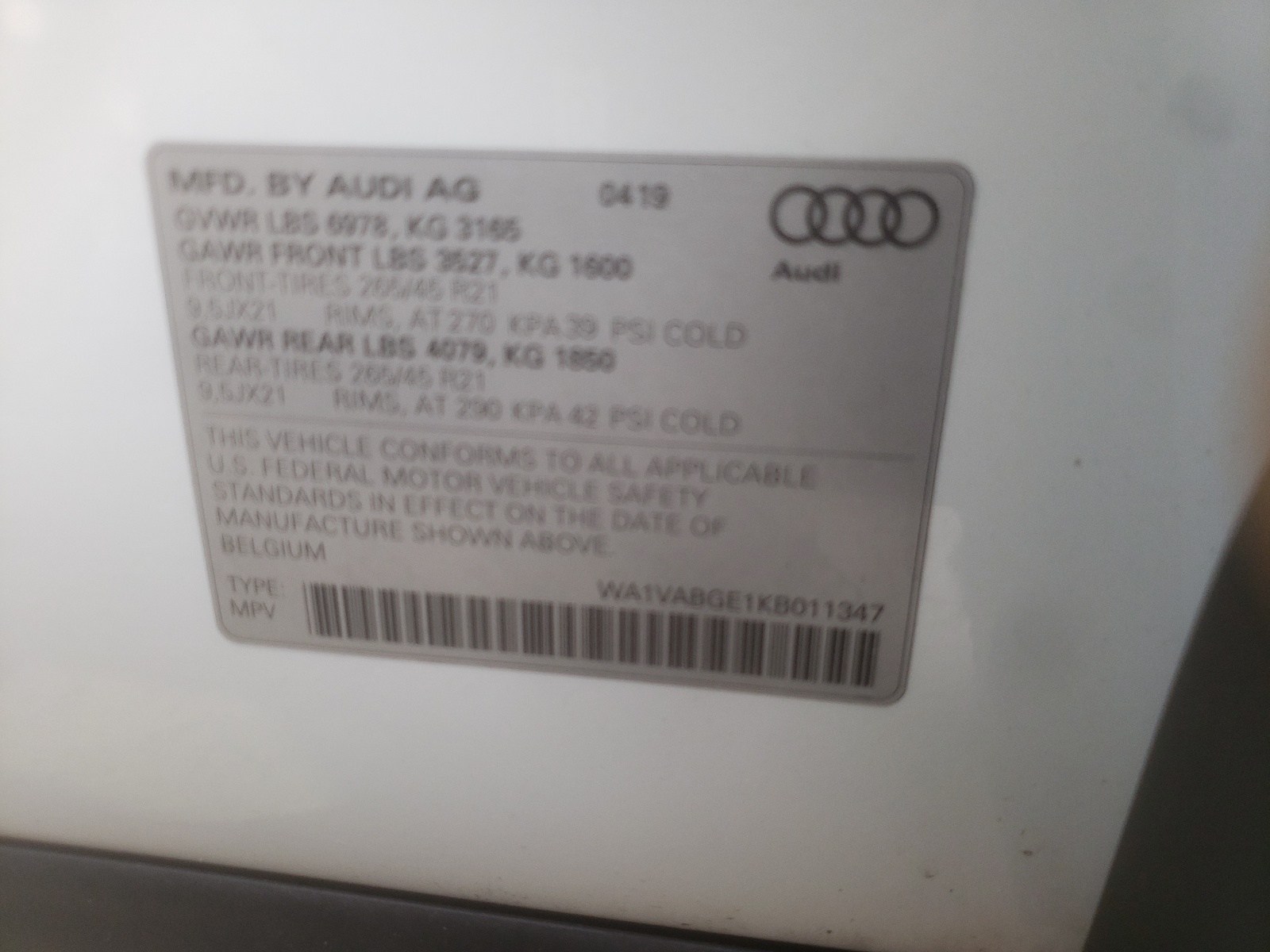 WA1VABGE1KB011347 2019 Audi E-Tron Prestige