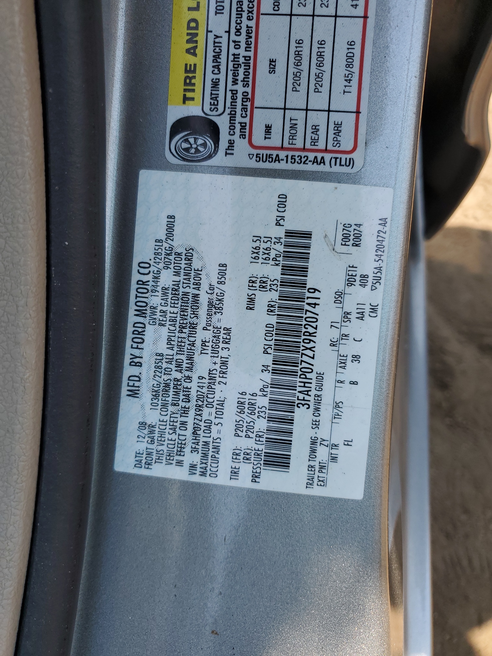 3FAHP07ZX9R207419 2009 Ford Fusion Se