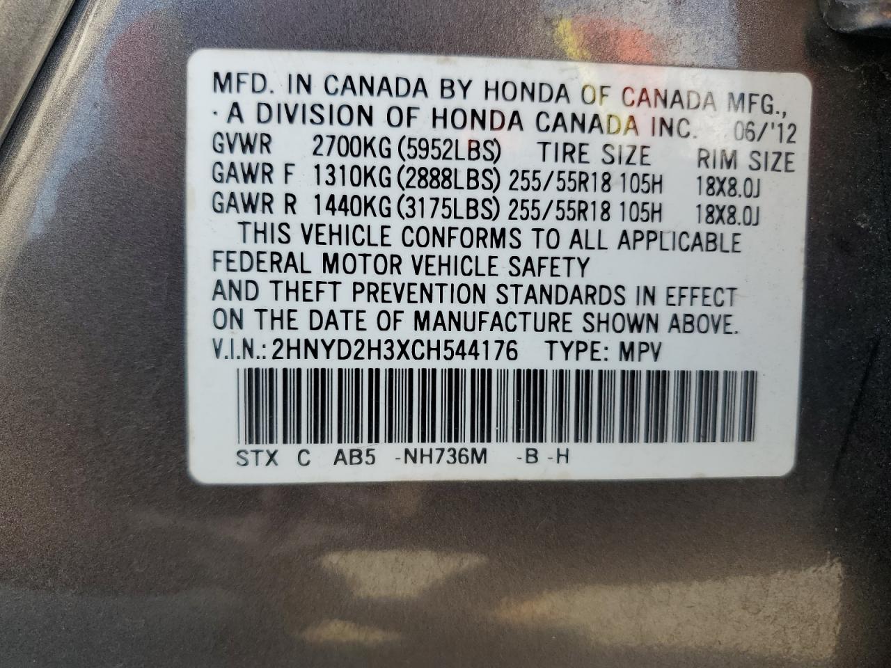 2012 Acura Mdx Technology VIN: 2HNYD2H3XCH544176 Lot: 63609644