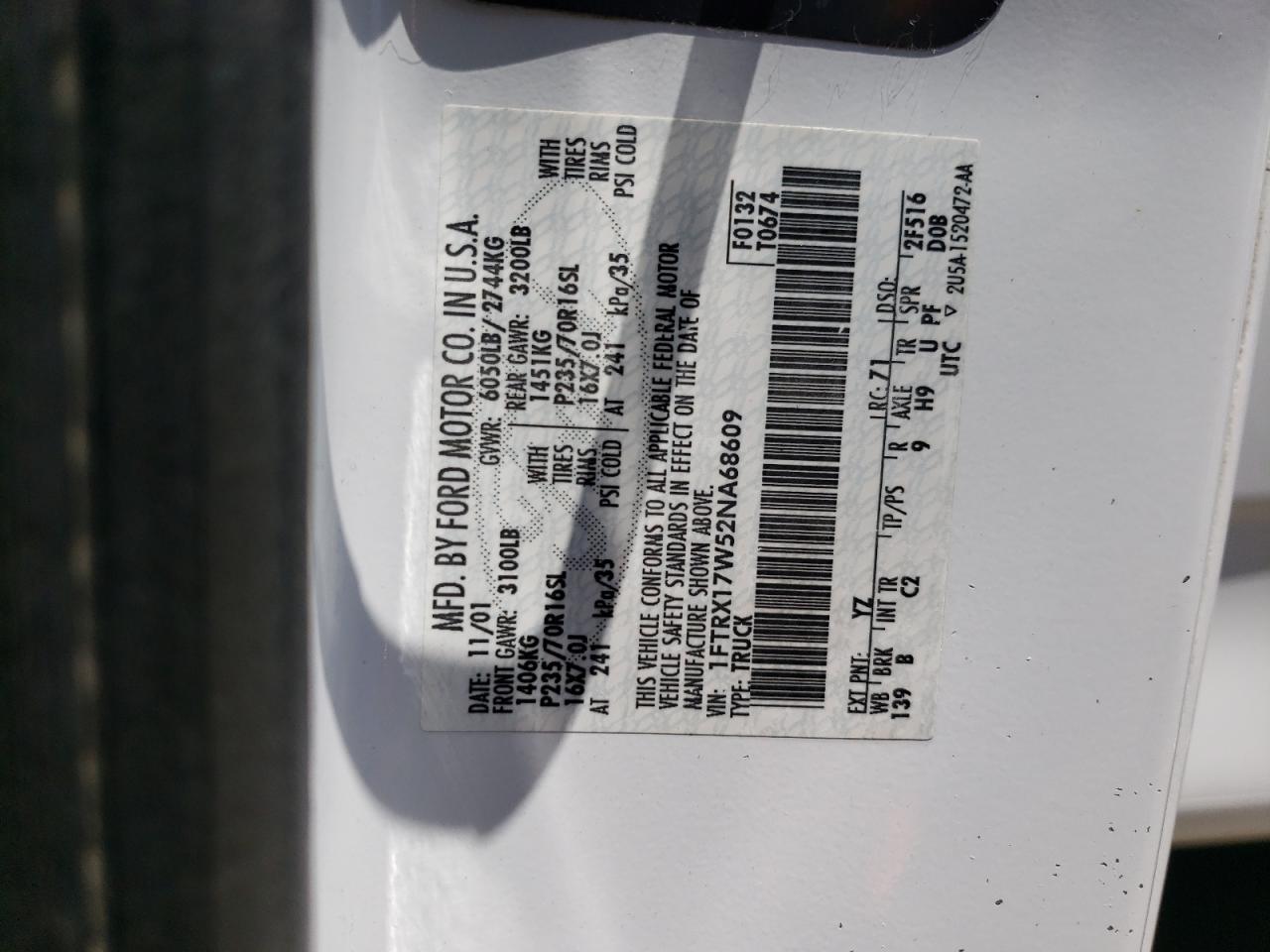 2002 Ford F150 VIN: 1FTRX17W52NA68609 Lot: 62152694