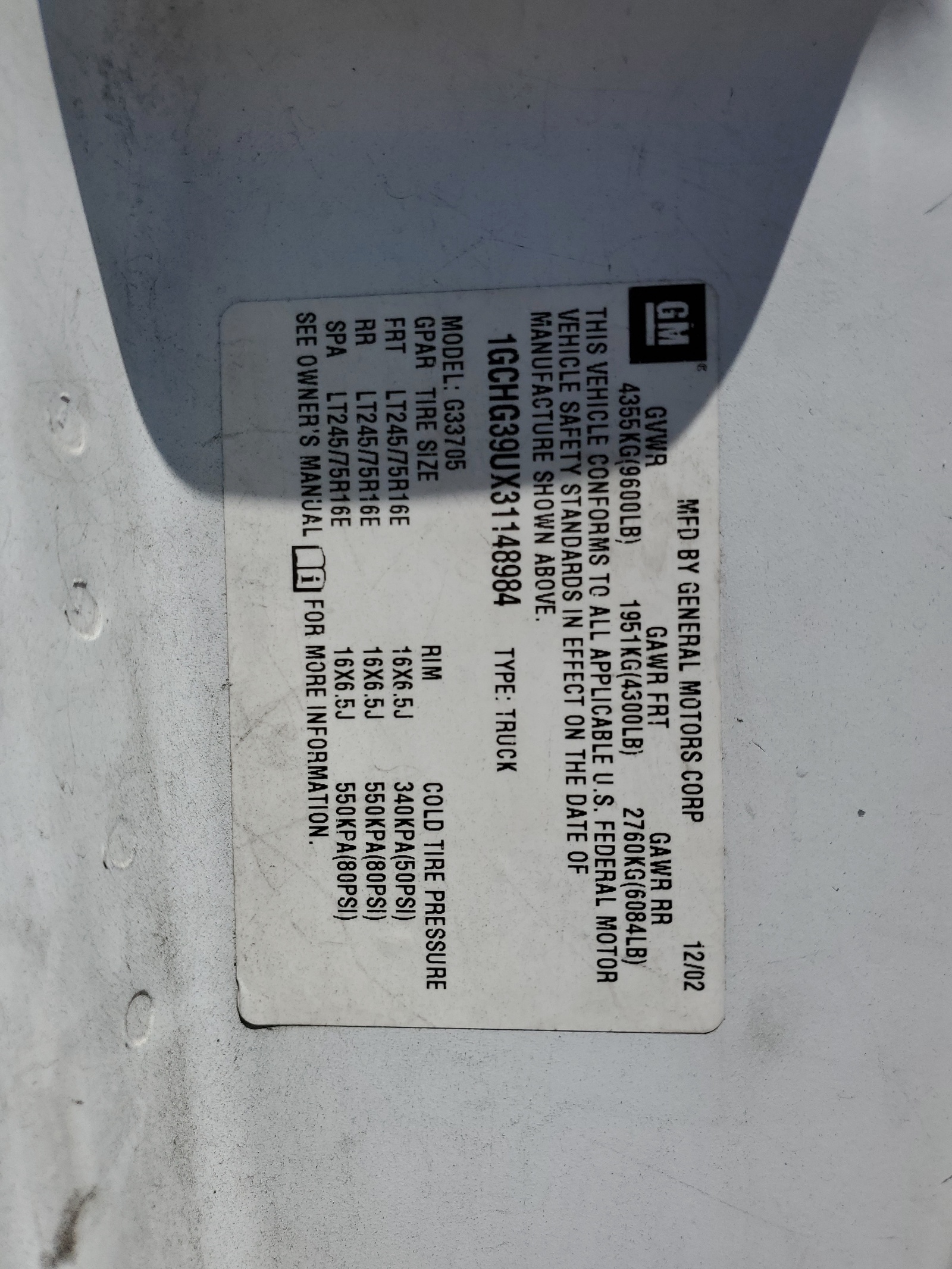 1GCHG39UX31148984 2003 Chevrolet Express G3500