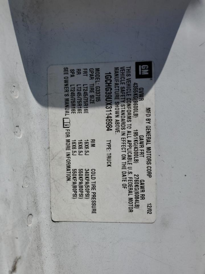 2003 Chevrolet Express G3500 VIN: 1GCHG39UX31148984 Lot: 63275644