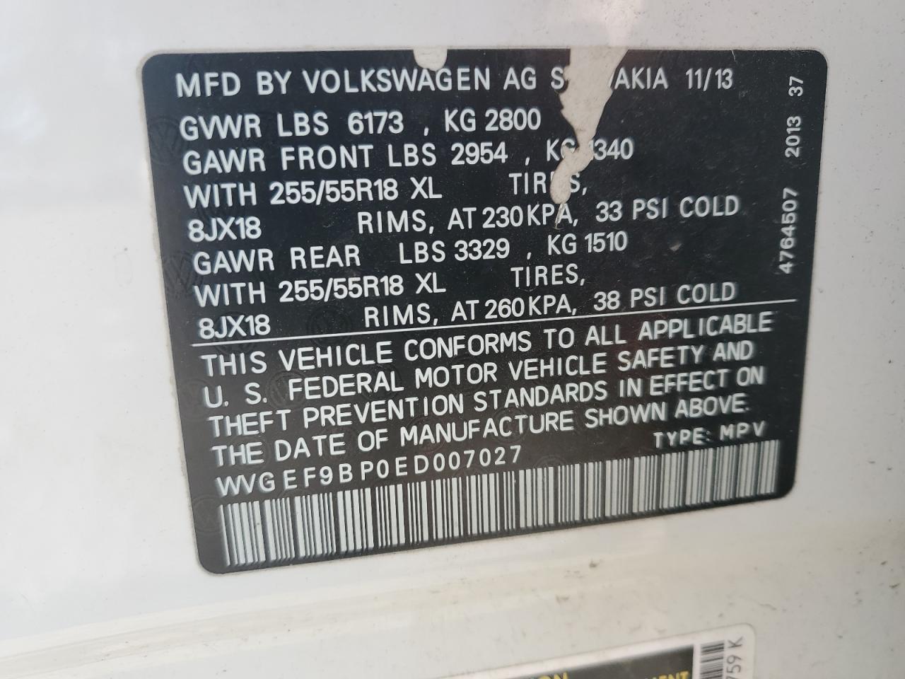 WVGEF9BP0ED007027 2014 Volkswagen Touareg V6