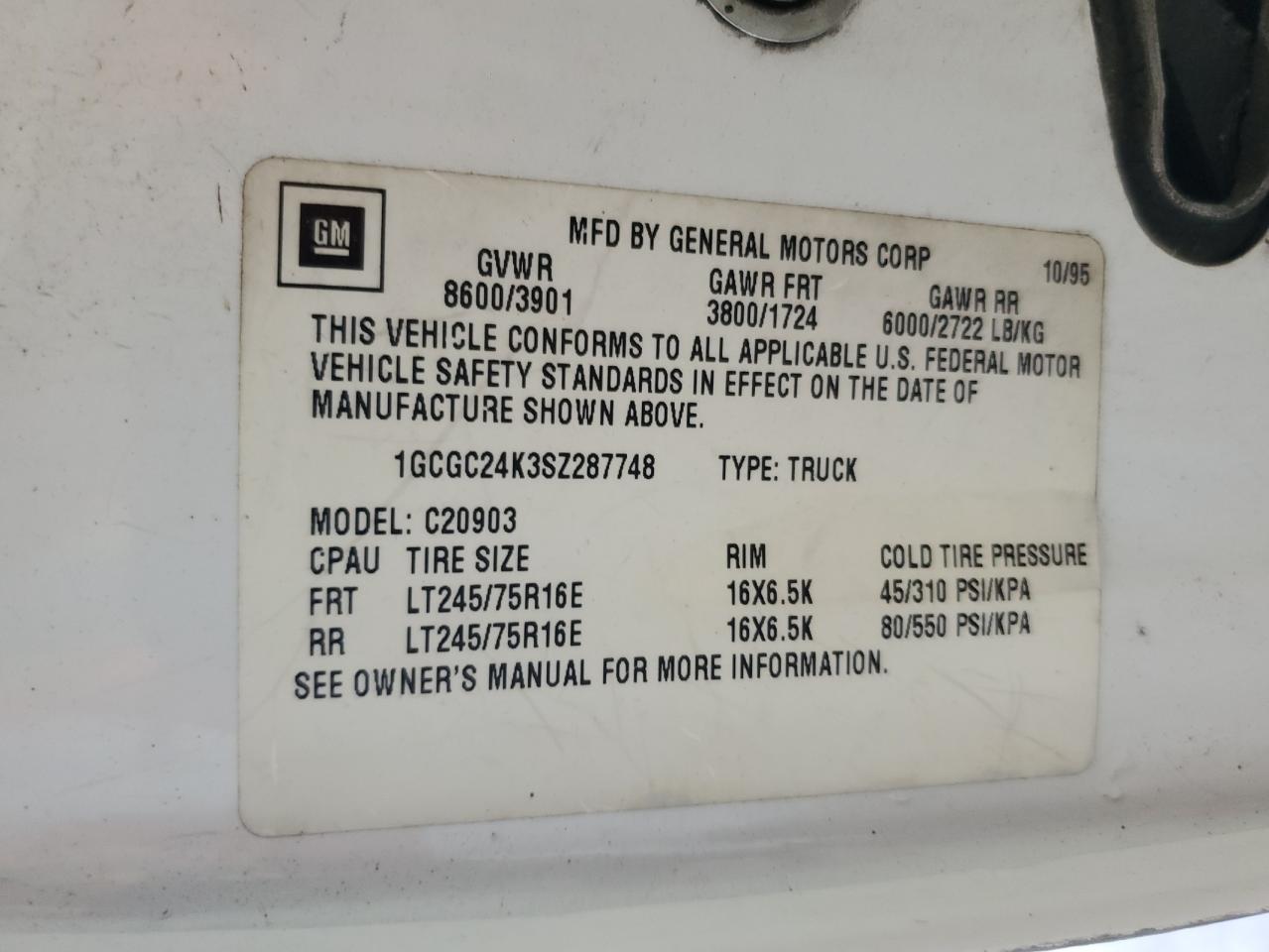 1995 Chevrolet Gmt-400 C2500 VIN: 1GCGC24K3SZ287748 Lot: 63214374