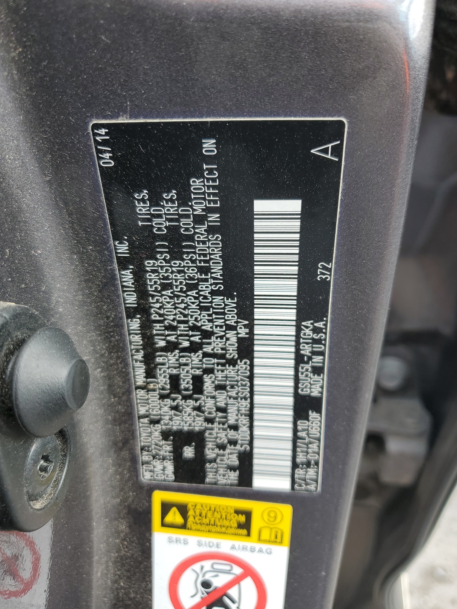 5TDDKRFH9ES037095 2014 Toyota Highlander Limited