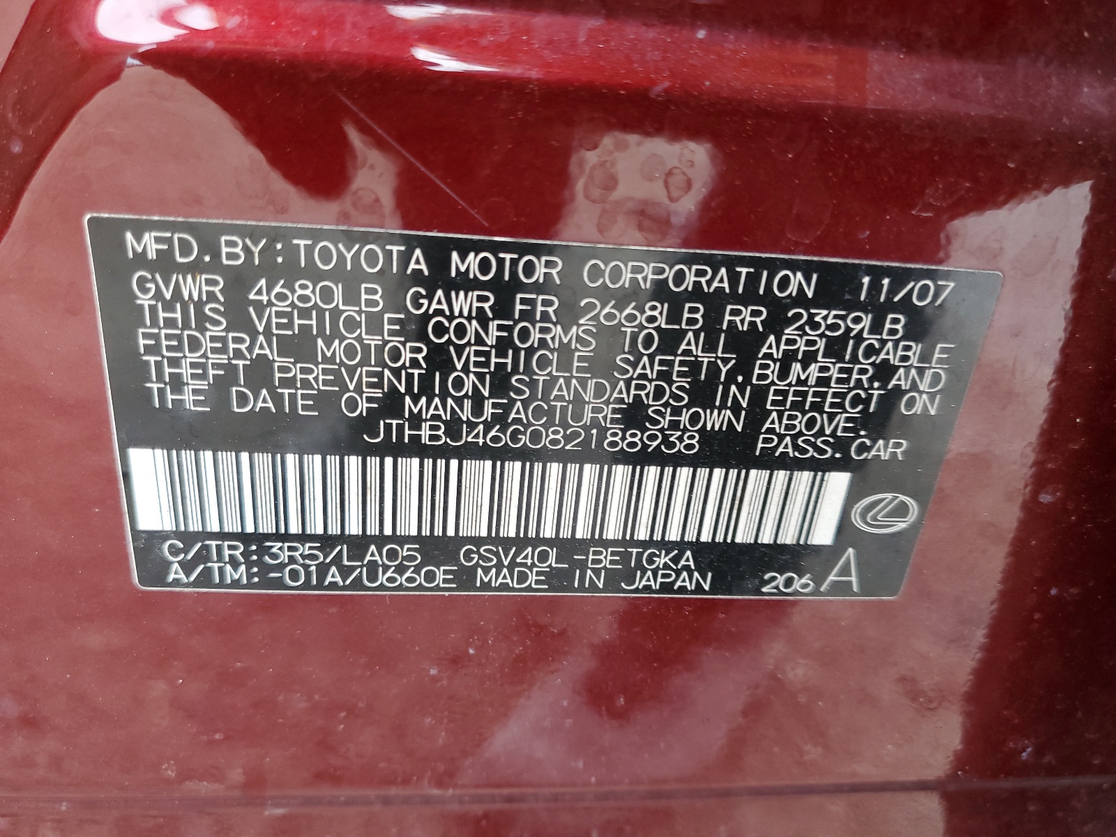 JTHBJ46G082188938 2008 Lexus Es 350