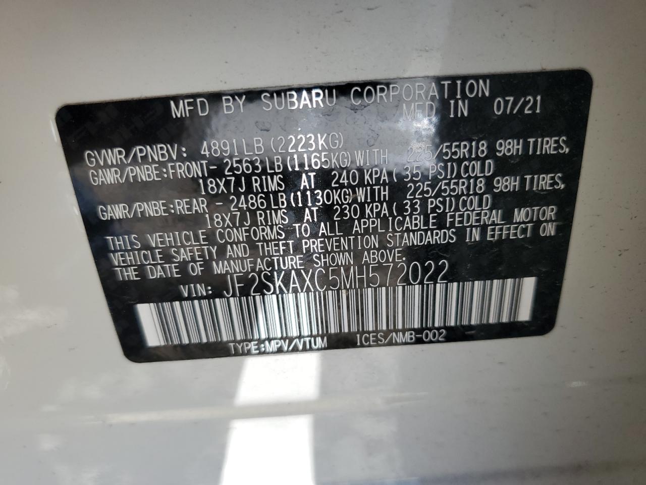 2021 Subaru Forester Touring VIN: JF2SKAXC5MH572022 Lot: 61459744