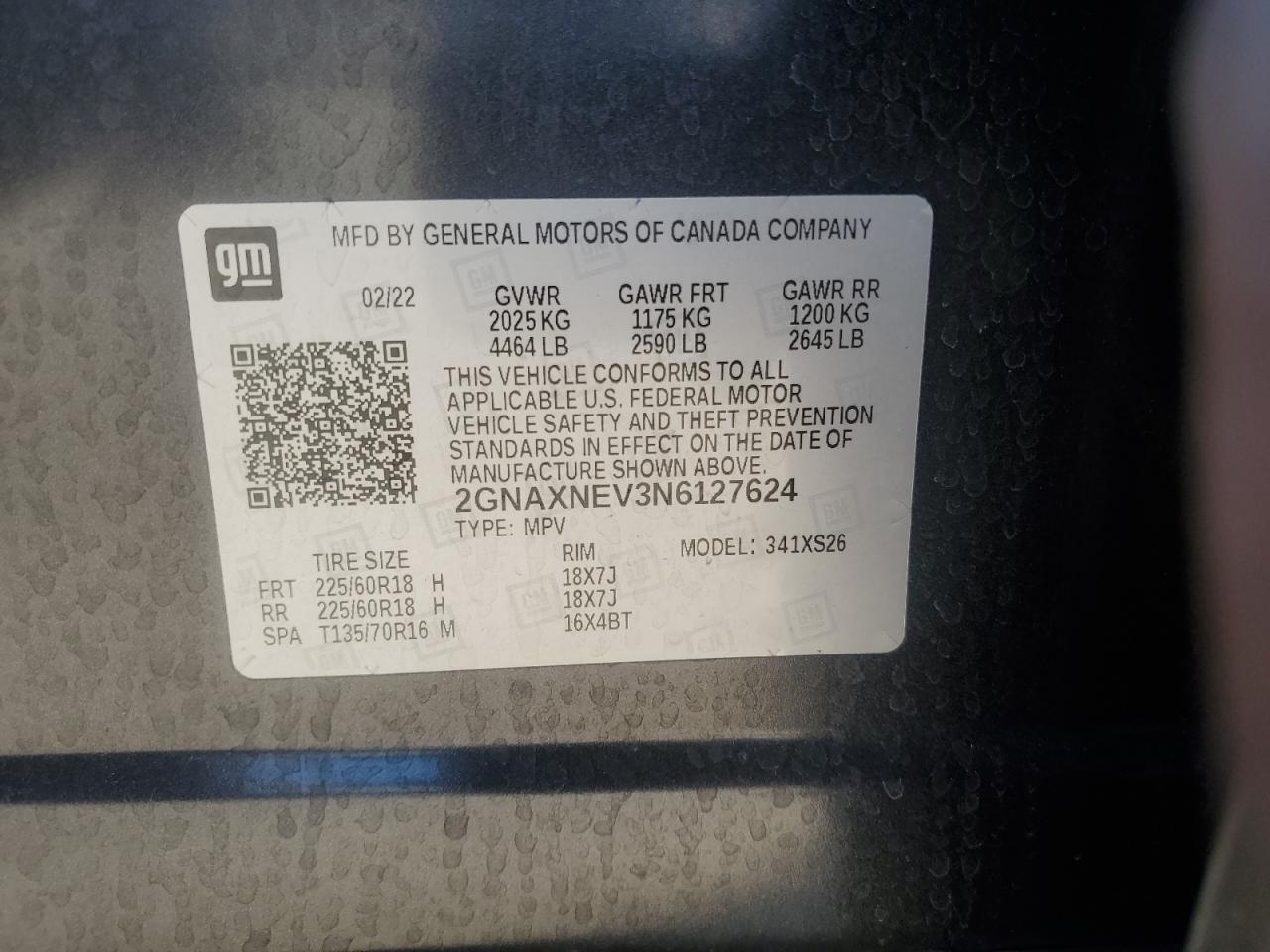 2022 Chevrolet Equinox Premier VIN: 2GNAXNEV3N6127624 Lot: 62128604