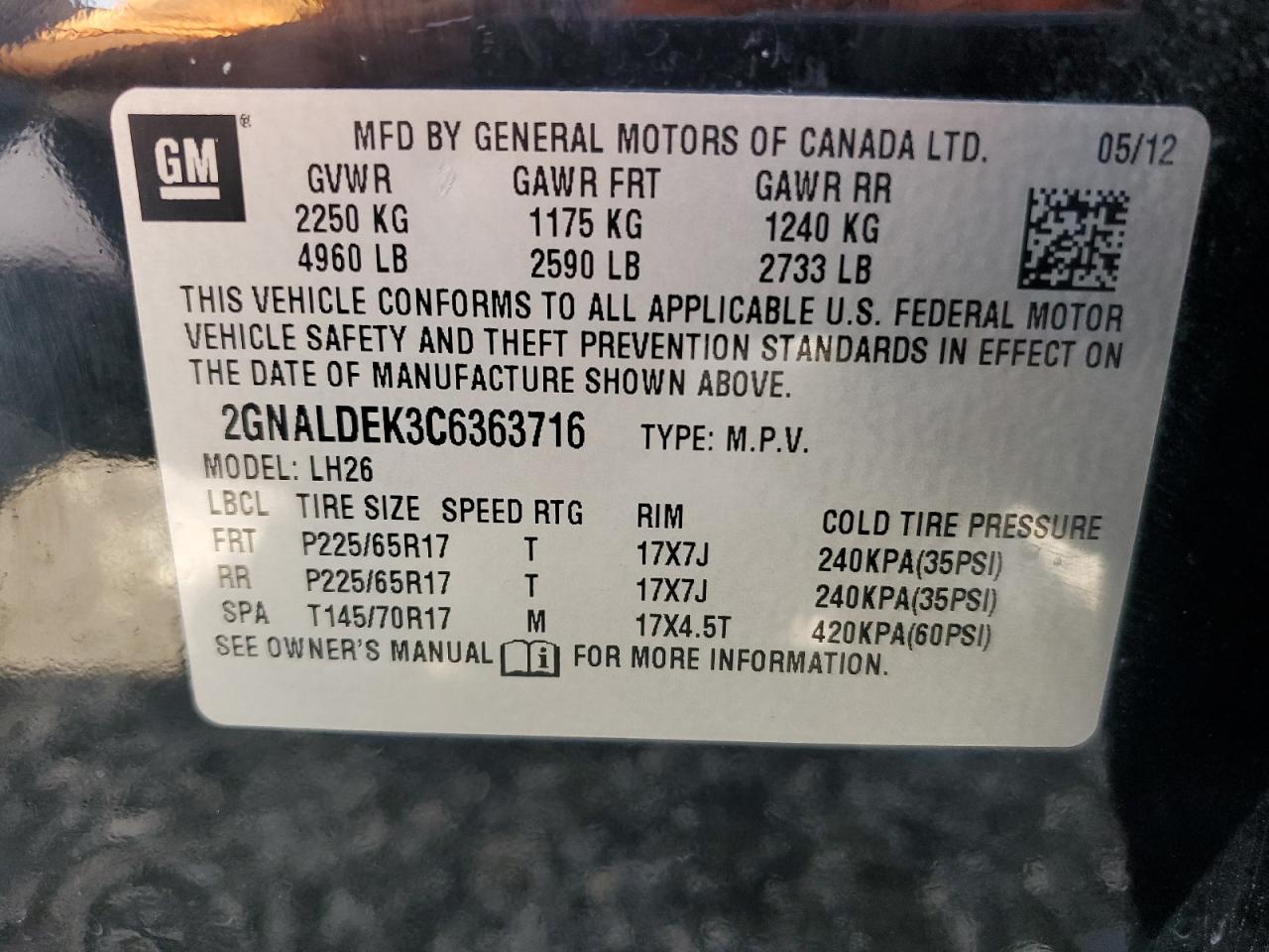 2012 Chevrolet Equinox Lt VIN: 2GNALDEK3C6363716 Lot: 61505714