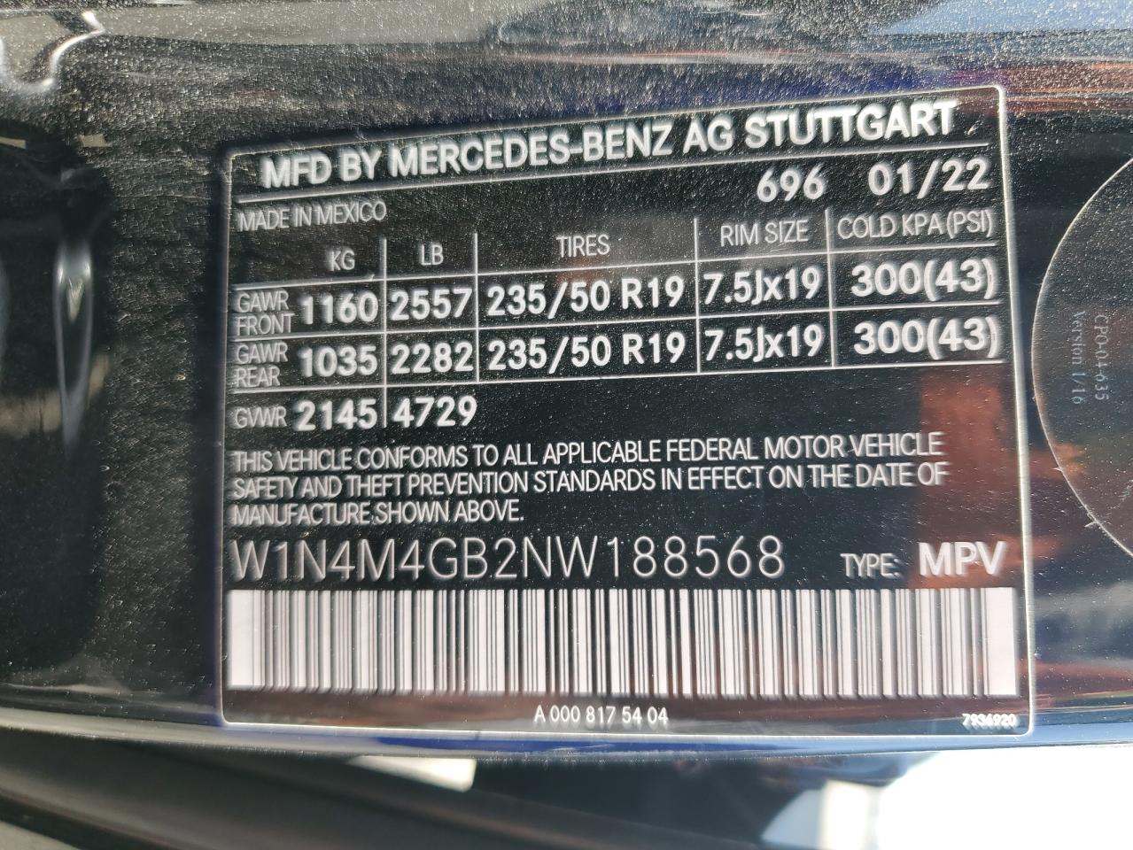 W1N4M4GB2NW188568 2022 Mercedes-Benz Glb 250