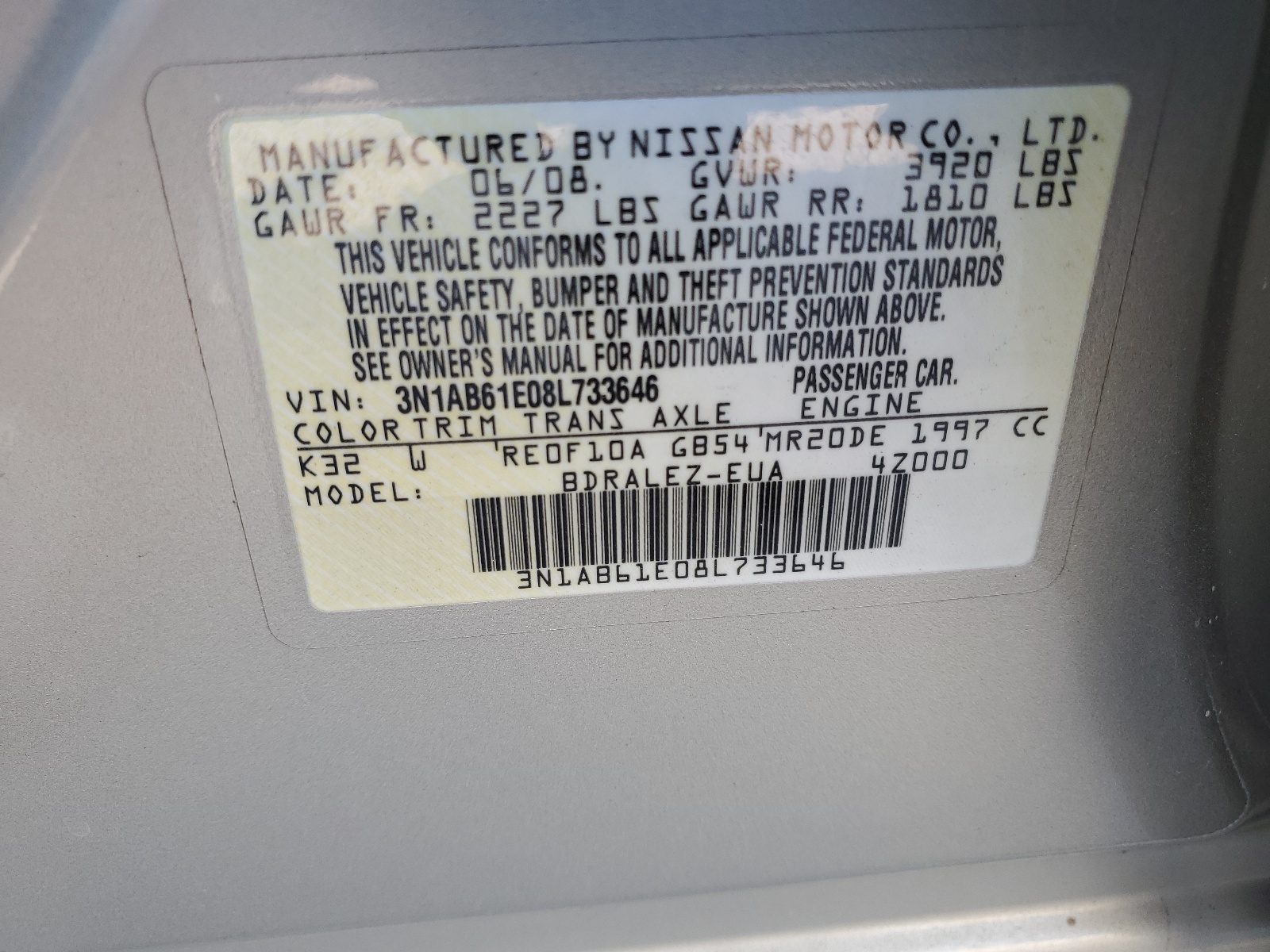 3N1AB61E08L733646 2008 Nissan Sentra 2.0