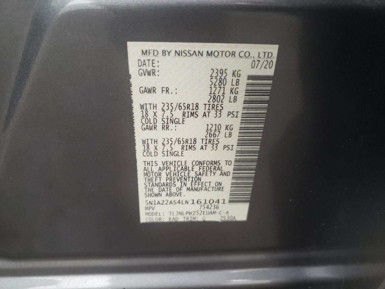 2020 Nissan Murano S VIN: 5N1AZ2AS4LN161041 Lot: 65198964