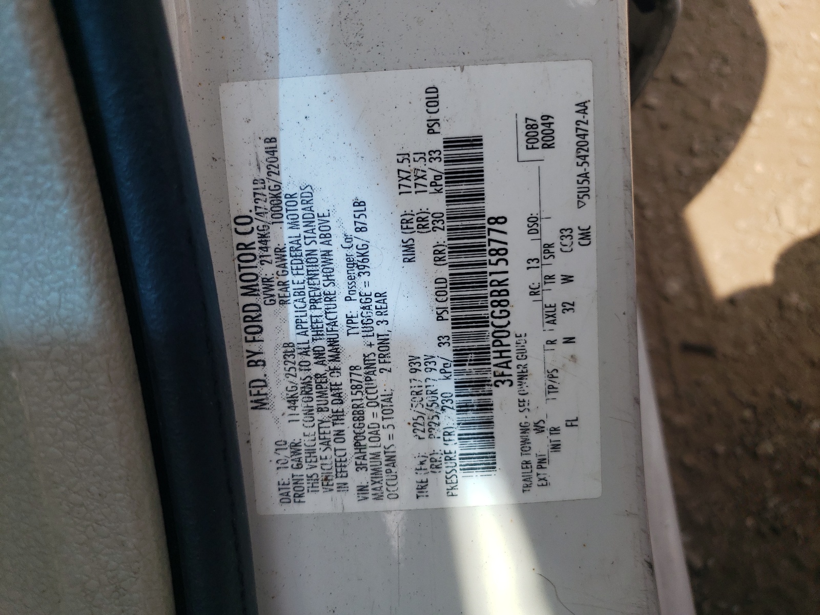 3FAHP0CG8BR158778 2011 Ford Fusion Sel