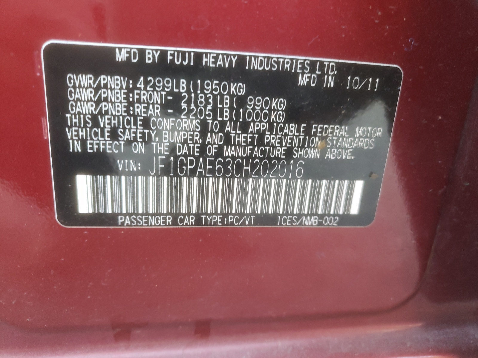 JF1GPAE63CH202016 2012 Subaru Impreza Premium