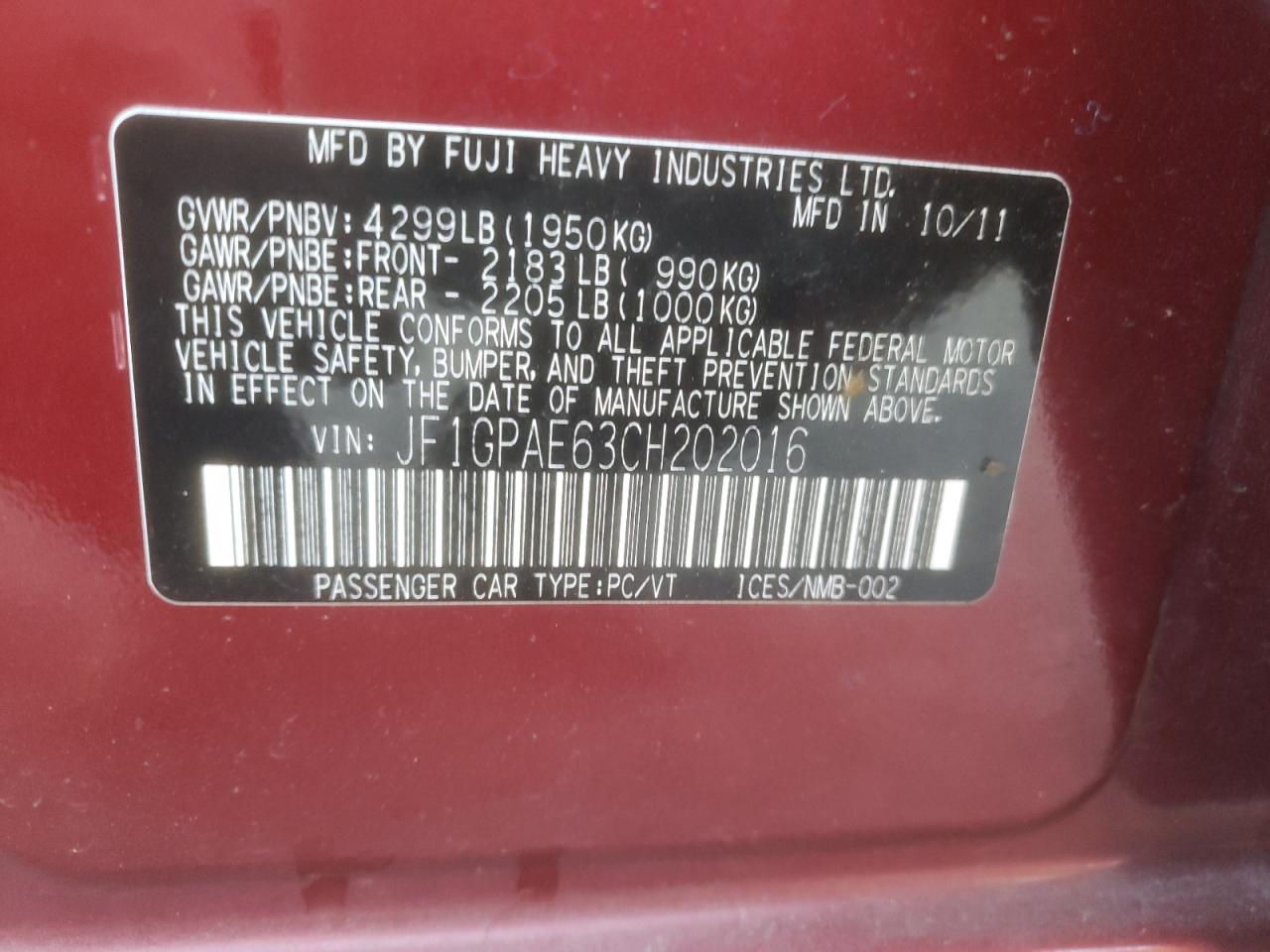 2012 Subaru Impreza Premium VIN: JF1GPAE63CH202016 Lot: 62542814