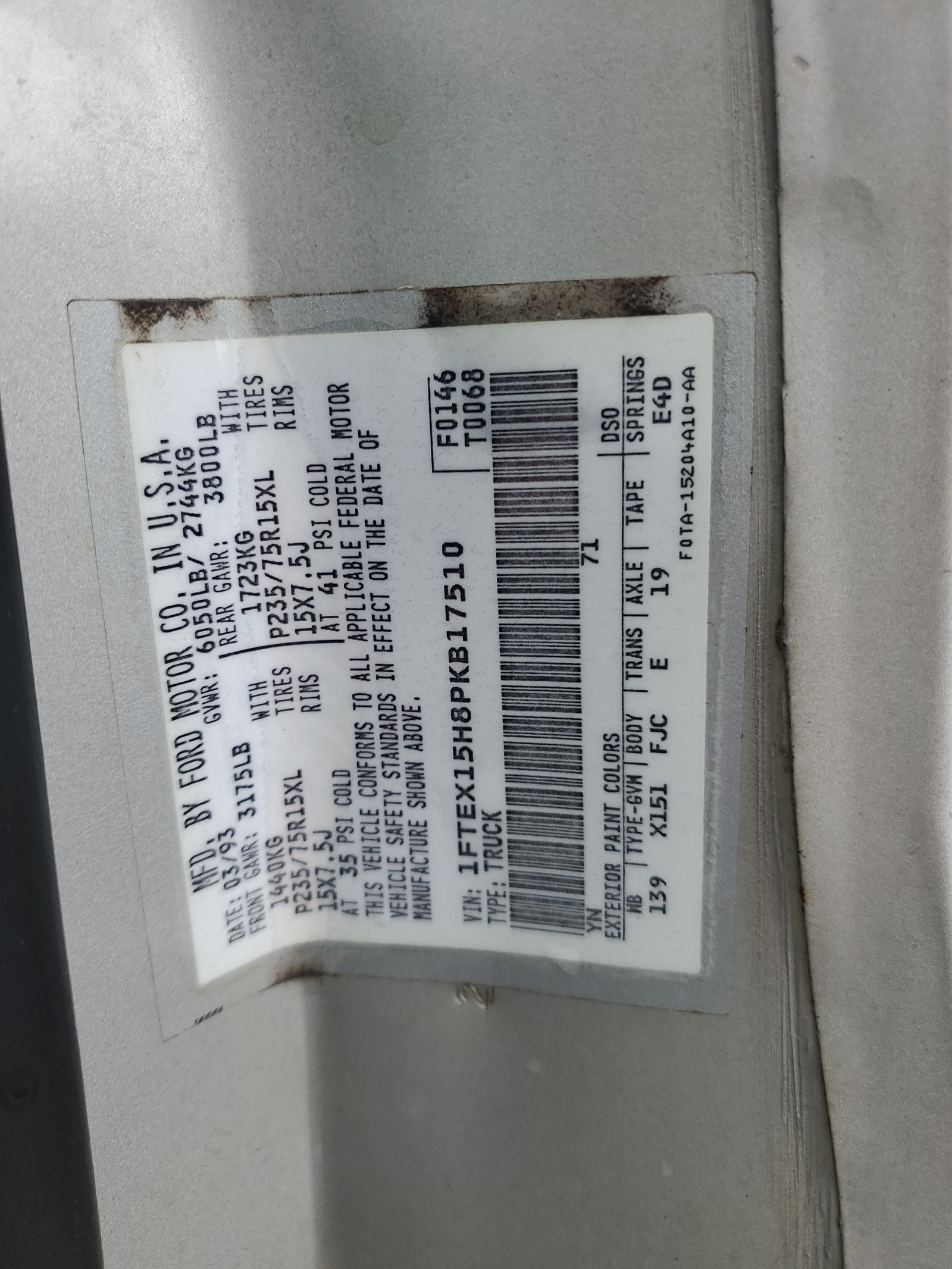 1FTEX15H8PKB17510 1993 Ford F150