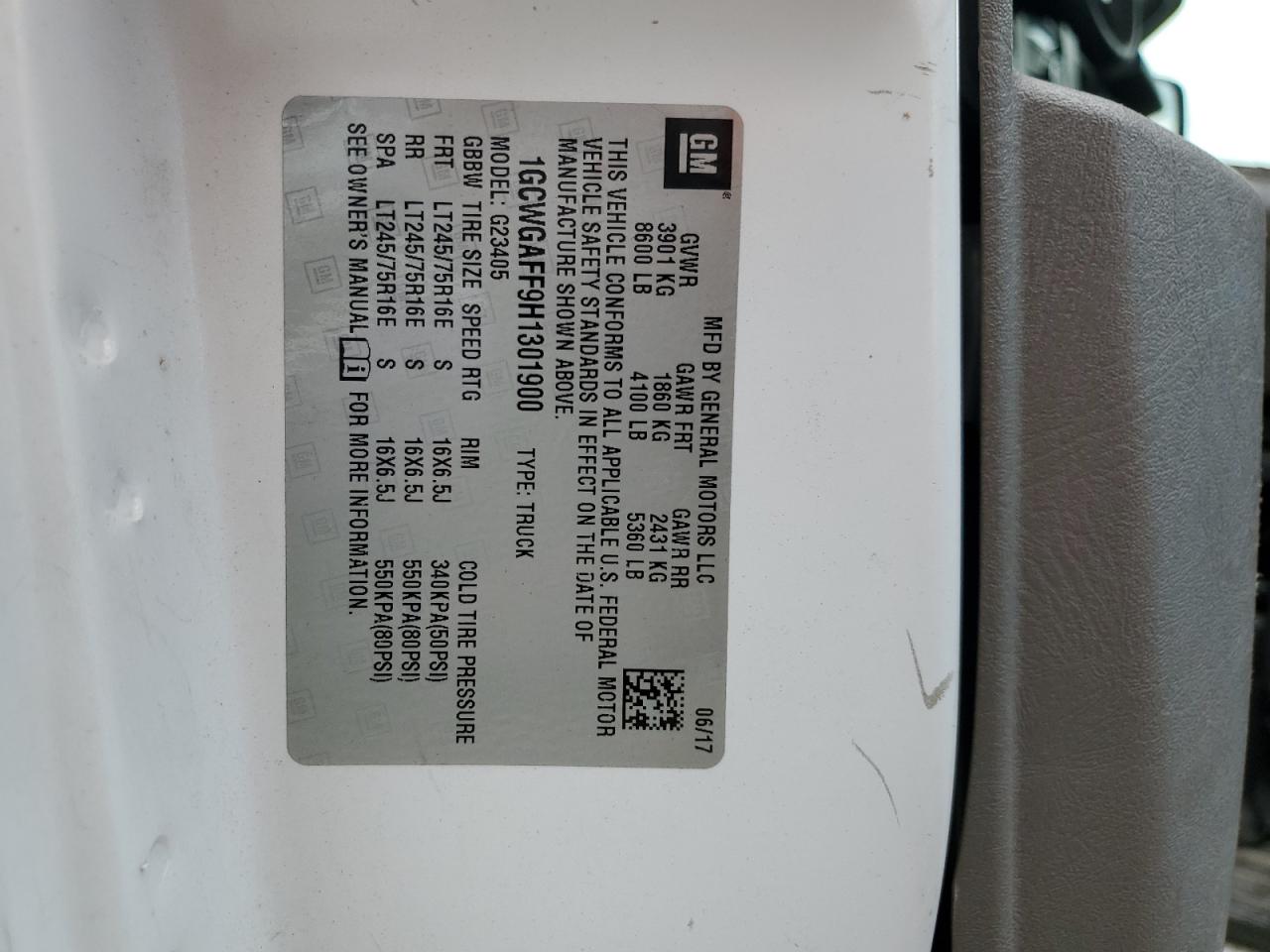 2017 Chevrolet Express G2500 VIN: 1GCWGAFF9H1301900 Lot: 64560514