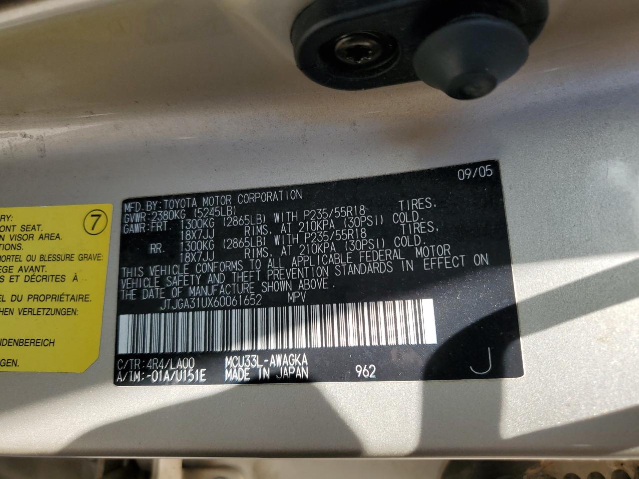 2006 Lexus Rx 330 VIN: JTJGA31UX60061652 Lot: 64306304