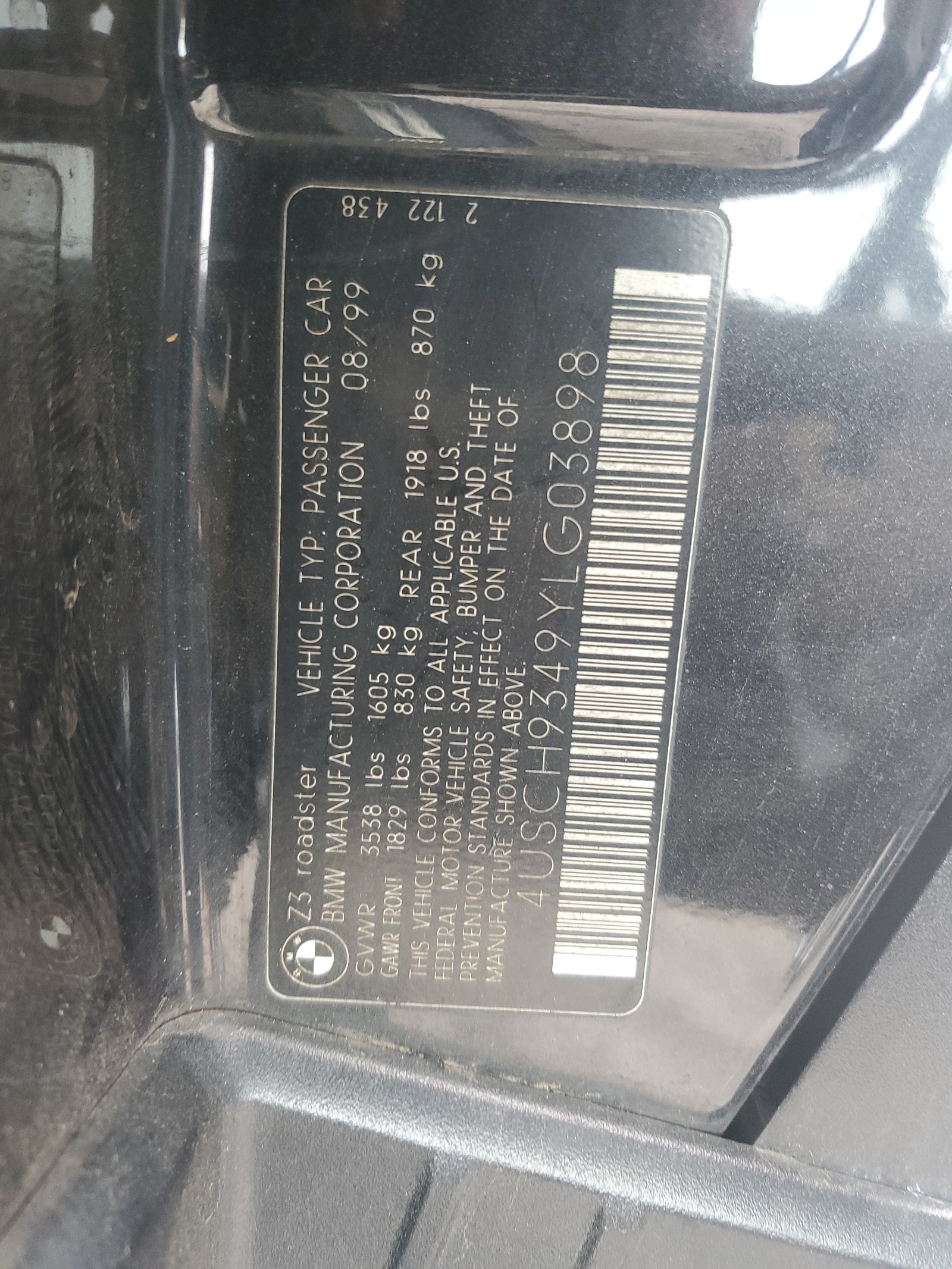 4USCH9349YLG03898 2000 BMW Z3 2.3