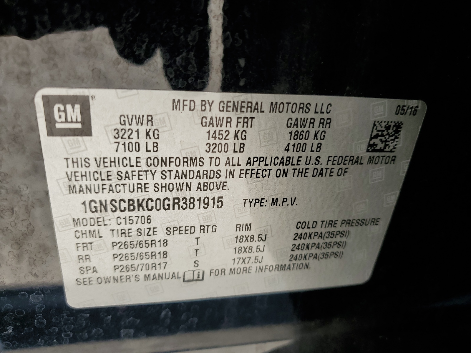 1GNSCBKC0GR381915 2016 Chevrolet Tahoe C1500 Lt