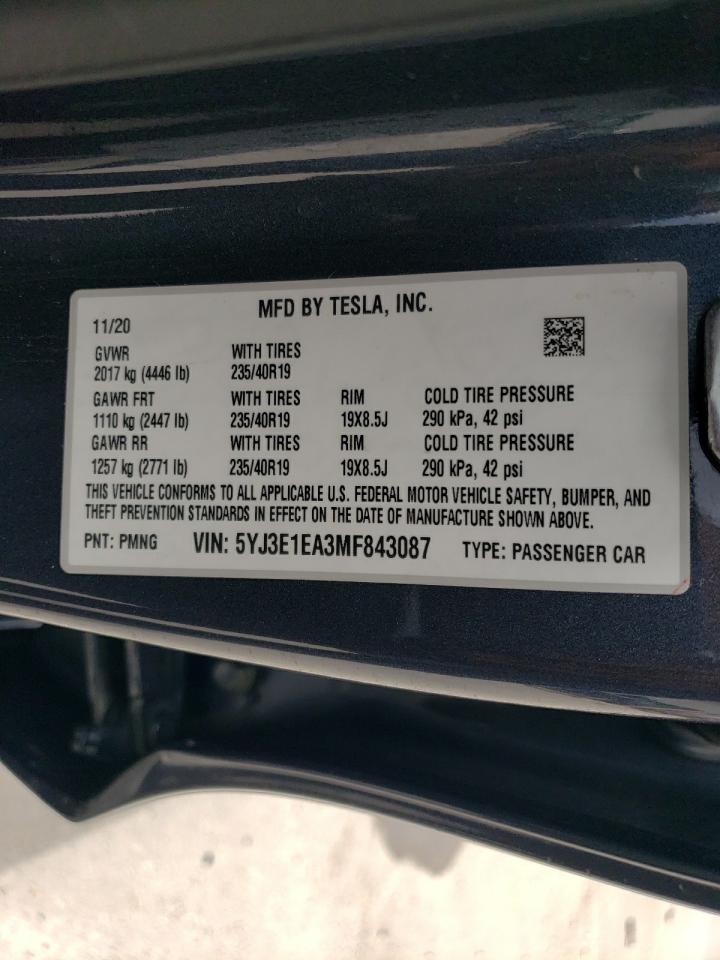 2021 Tesla Model 3 VIN: 5YJ3E1EA3MF843087 Lot: 63339994