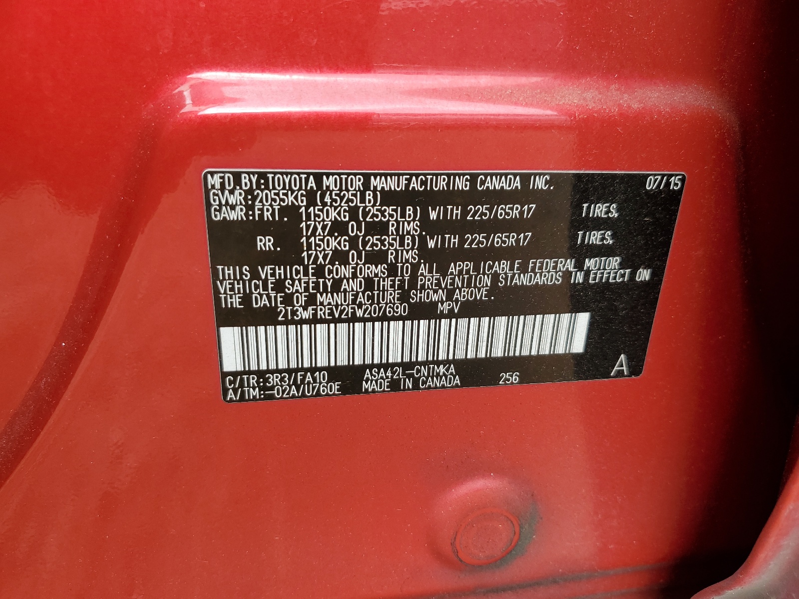 2T3WFREV2FW207690 2015 Toyota Rav4 Xle