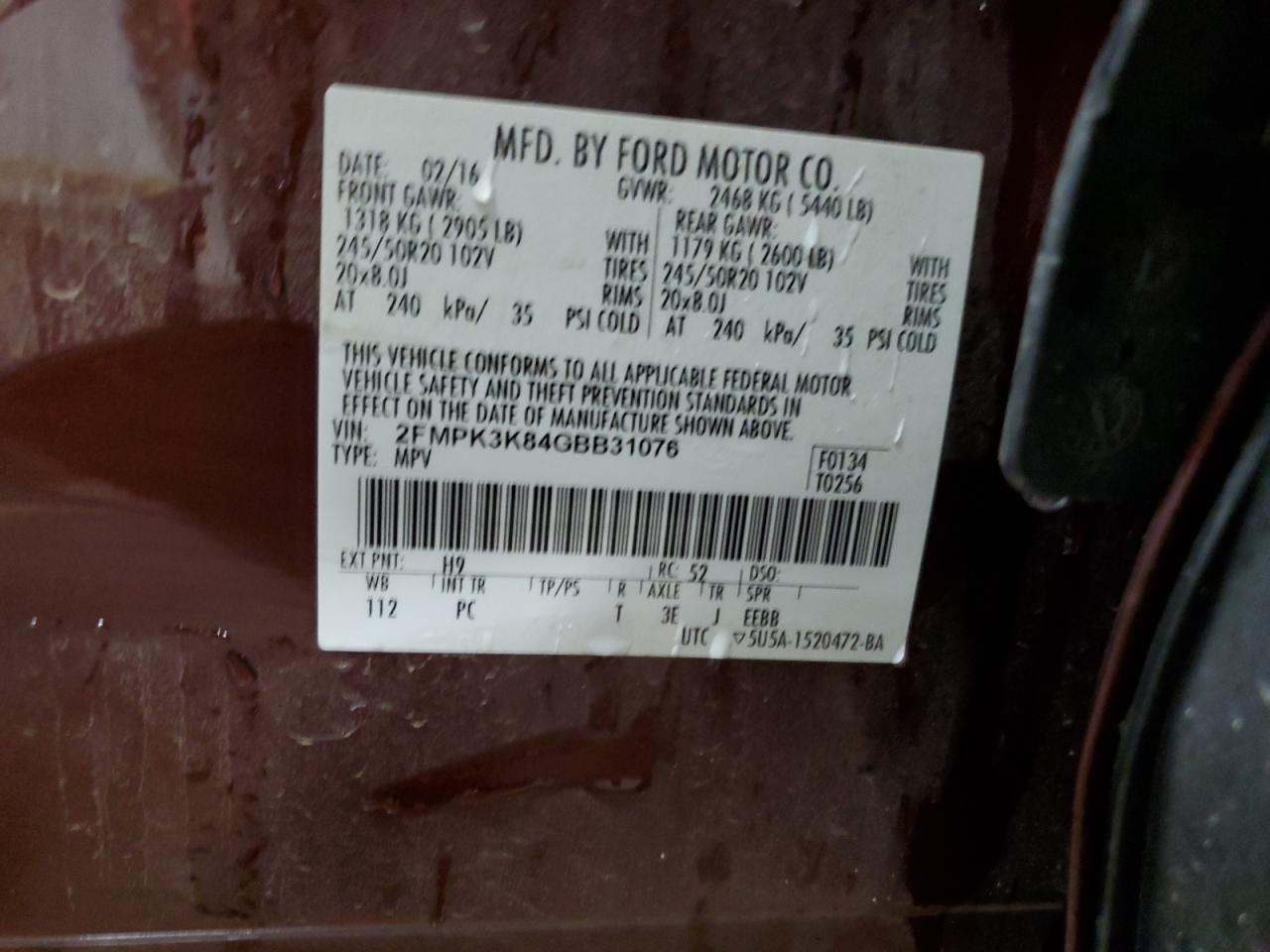 2016 Ford Edge Titanium VIN: 2FMPK3K84GBB31076 Lot: 62082344