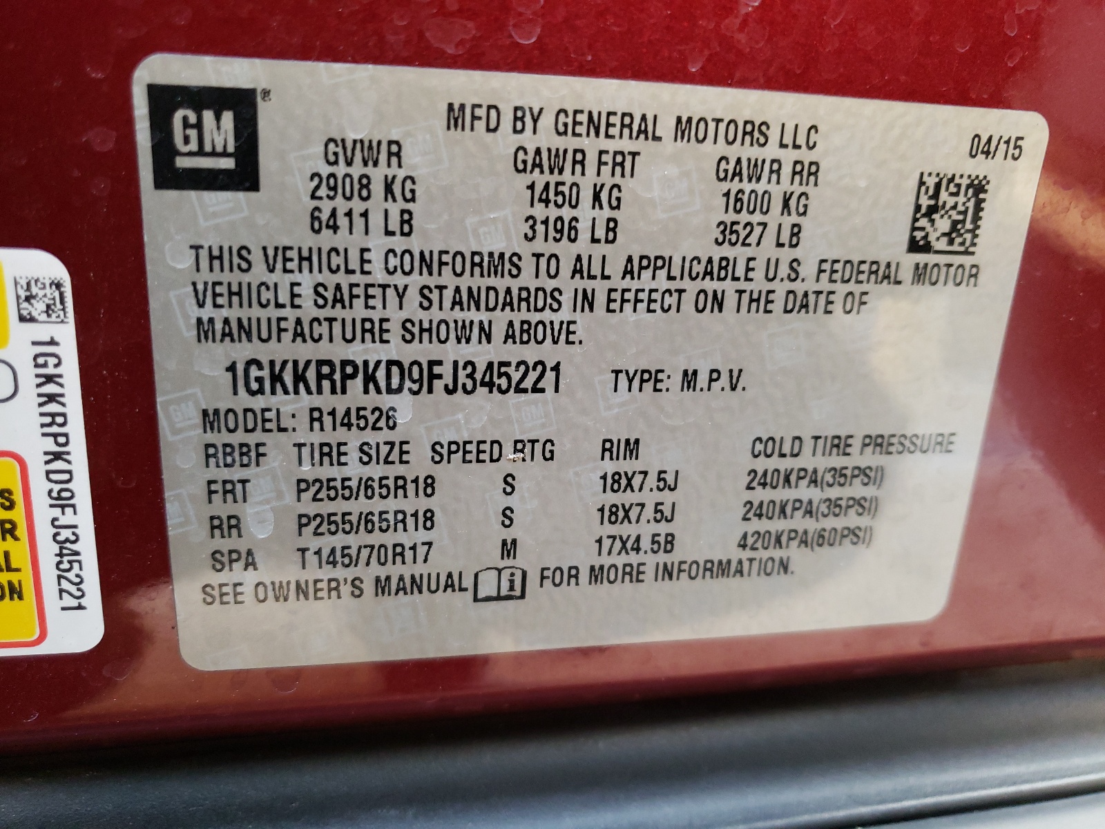 2015 GMC Acadia Sle vin: 1GKKRPKD9FJ345221