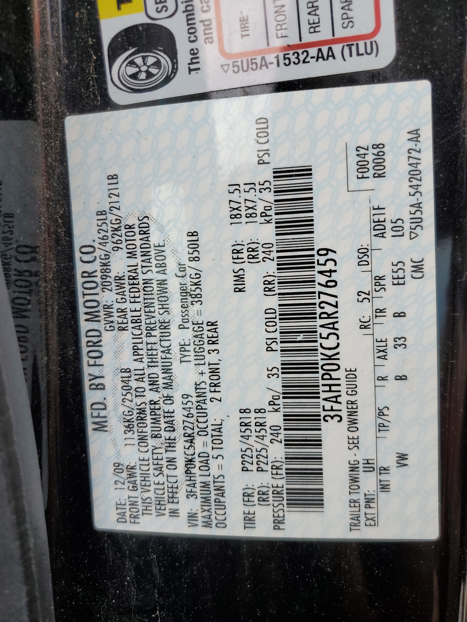 3FAHP0KC5AR276459 2010 Ford Fusion Sport