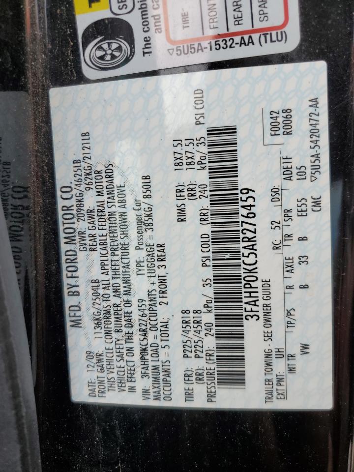 2010 Ford Fusion Sport VIN: 3FAHP0KC5AR276459 Lot: 64231854