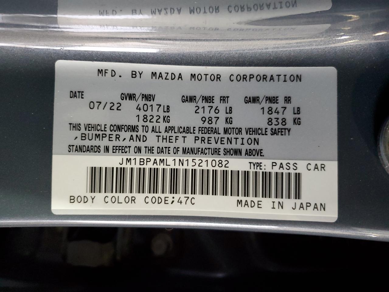 2022 Mazda 3 Premium VIN: JM1BPAML1N1521082 Lot: 65399434