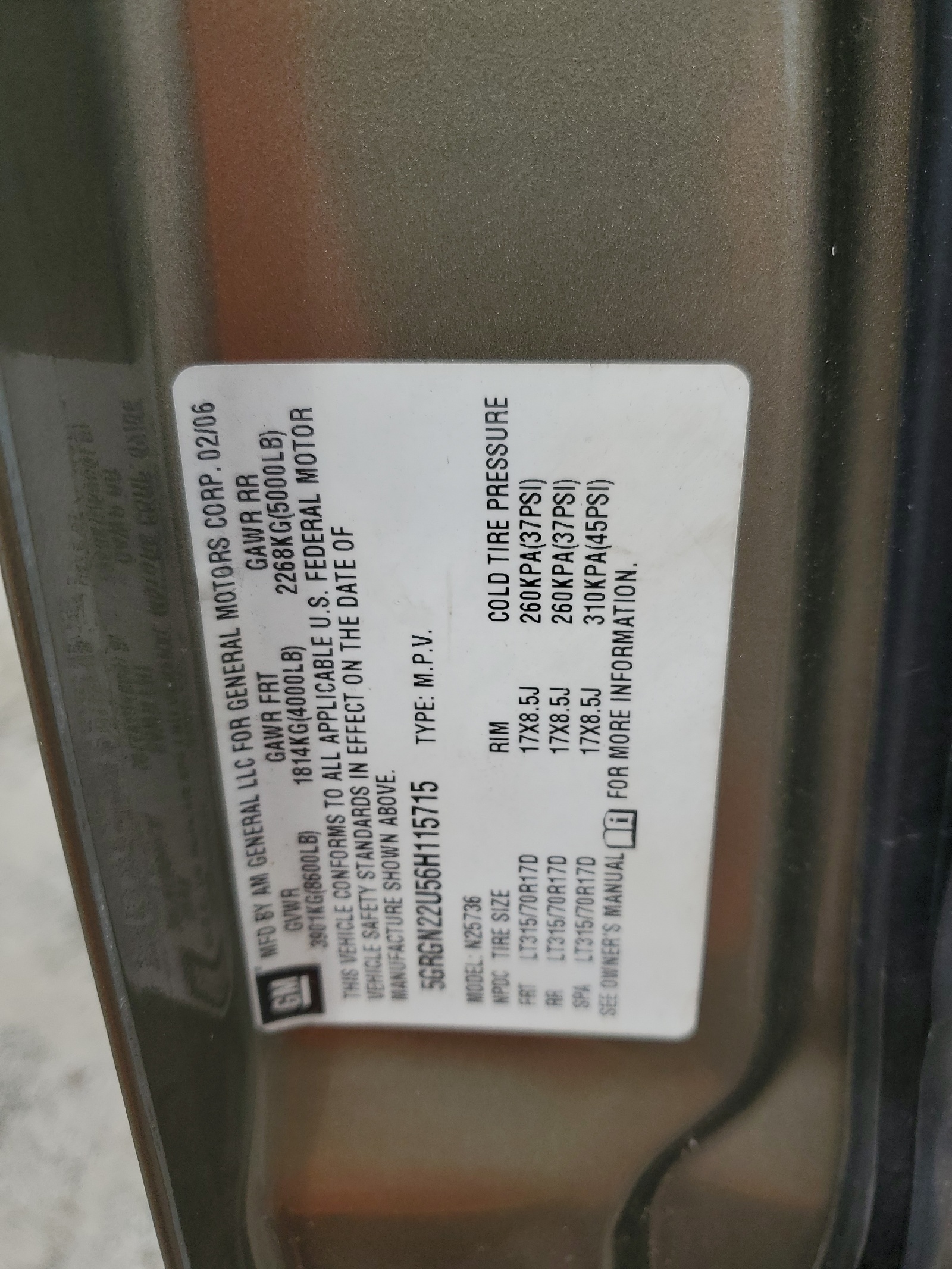 5GRGN22U56H115715 2006 Hummer H2 Sut