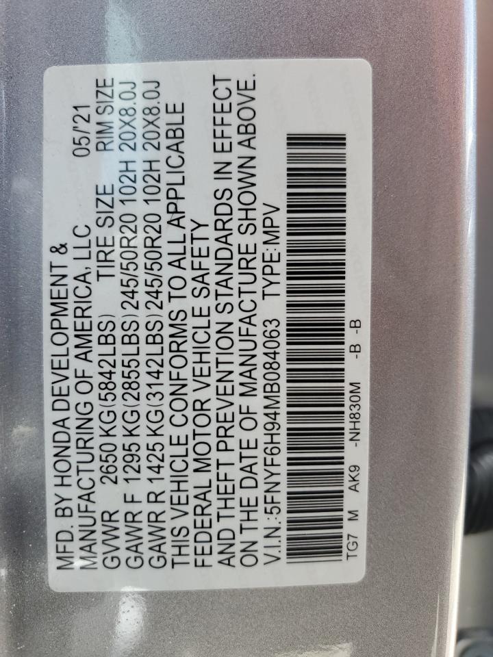 2021 Honda Pilot Touring VIN: 5FNYF6H94MB084063 Lot: 63290844